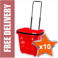 10 x 34 Litre Shopping Basket On Wheels - Red